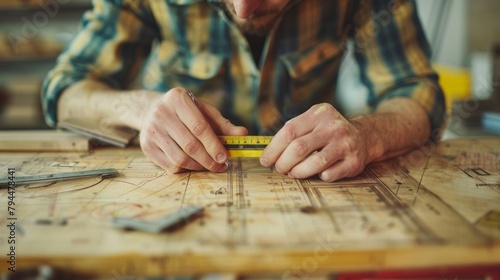 A portrait of a graphic designer wearing a retroinspired outfit using a Tsquare to accurately line up and measure the layout of a design on a vintage drafting board. .