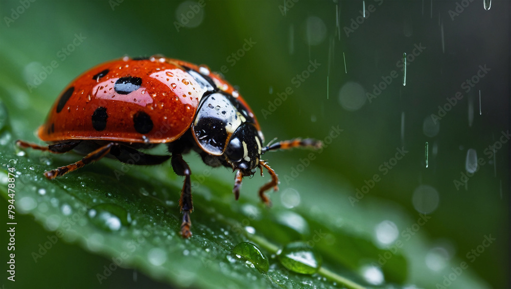 Naklejka premium a ladybug beetle on a rain-wet green leaf
