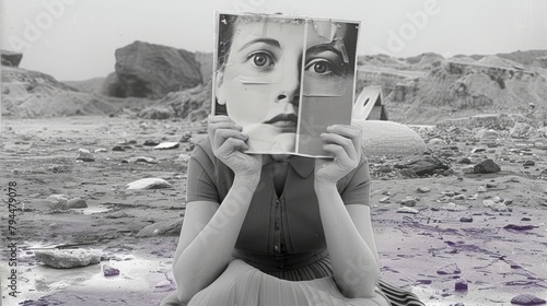 Woman holding up a book with a face on it