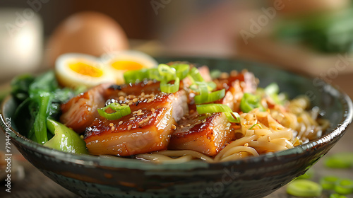 Ramen, Pork Belly, Bok Choy and Egg with a Light Neutral Background