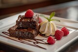 Decadent chocolate dessert with raspberries