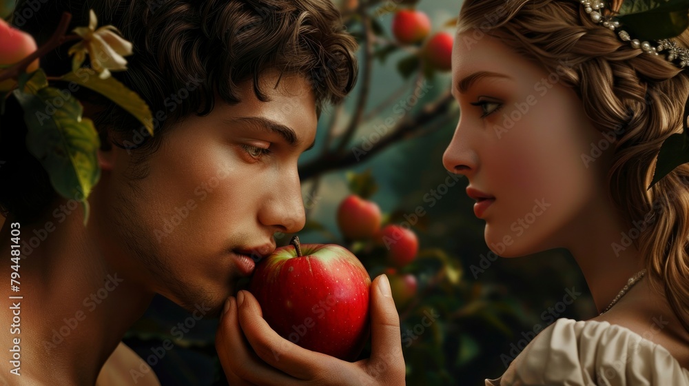 Adam and Eve eating the forbidden fruit in the garden Adam and Eve eating the forbidden fruit in the garden