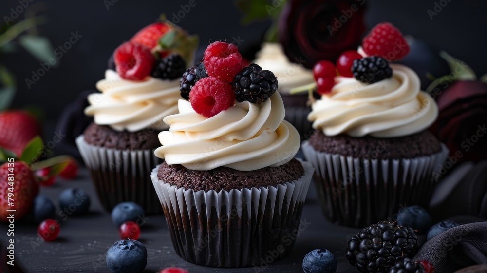 Delicious chocolate cupcakes with fresh berries Delicious chocolate cupcakes with fresh berries