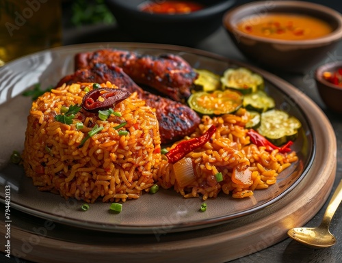 Delicious spicy rice dish with grilled meat