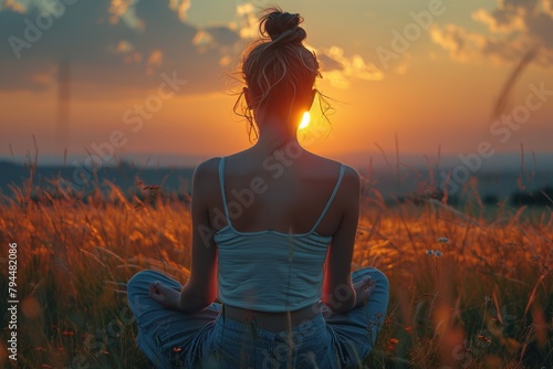 a woman is sitting in a lotus position in a field at sunset