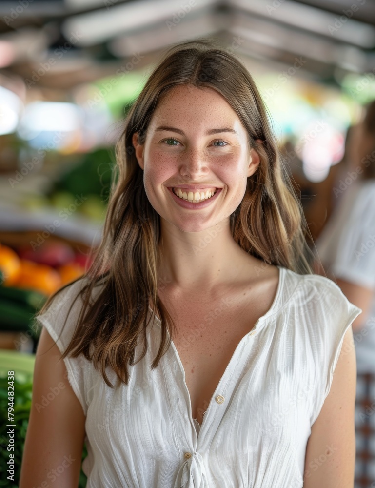 Smiling woman in white shirt at market