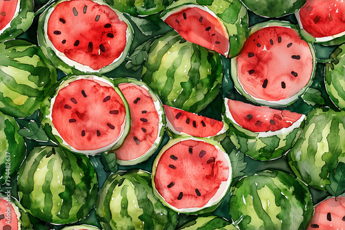 A deliciously dense watermelon pattern, this vibrant watercolor design captures the essence of summer with its juicy red flesh, dotted with black seeds, set against a backdrop of rich green rinds photo