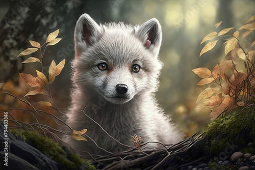 Baby white wolf in the woods