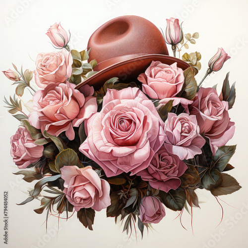 Watercolor Pink Cowgirl Hat with Roses, clipart Illustration, Generative Ai
