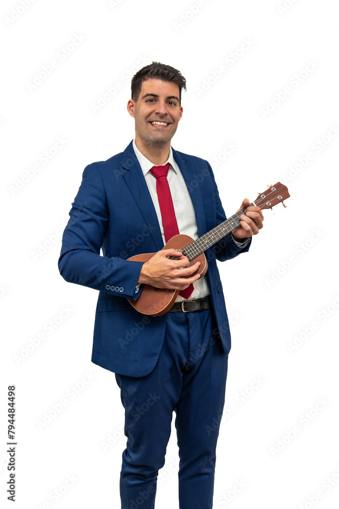 vertical Smiling Businessman Playing Ukulele white background vertical Smiling Businessman Playing Ukulele white background