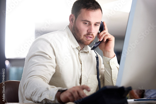 Фотография Man, office and telephone call with communication, computer and press button for voip tech in night
