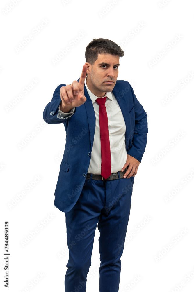 vertical Displeased Businessman Denying with Raised Finger white background vertical Displeased Businessman Denying with Raised Finger white background