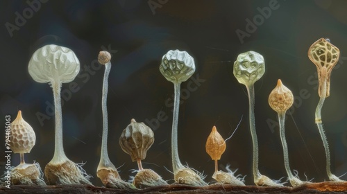 A series of images showcasing the different stages of spore formation from initial growth to dehiscence and release into the environment. photo