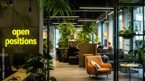 Your Next Career Step: 'Open Positions' Neon Sign Illuminating a Cozy, Plant-Filled Office, Signaling Growth and the Welcome of New Expertise photo