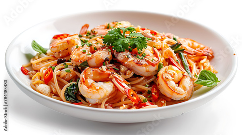 Stir fried Spicy Spaghetti Seafood Thai Style (Spaghetti Pad Kee Mao) on White Dish, Isolated on White Background with Shadow, Front Side view, Selective Focus at the front