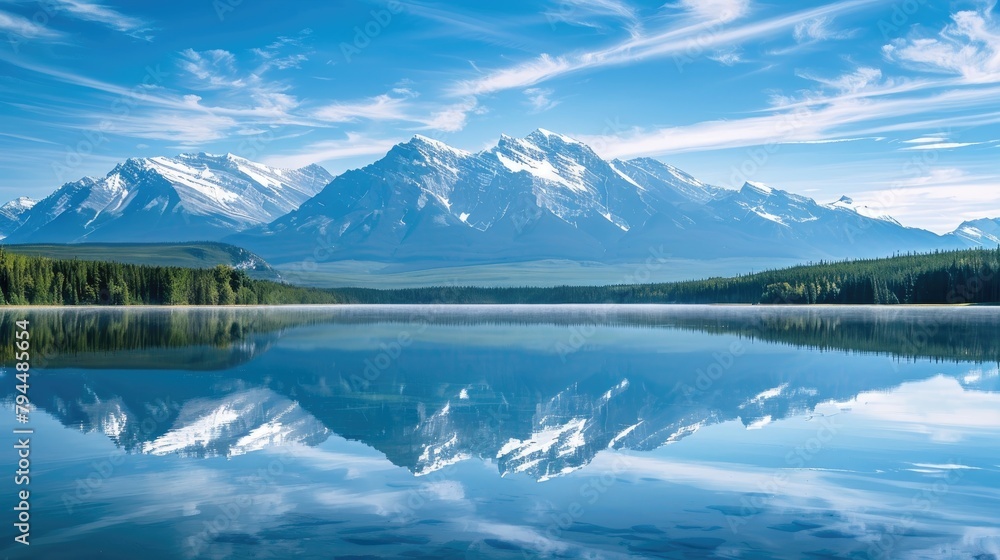 Reflection of snow capped mountains on a calm lake