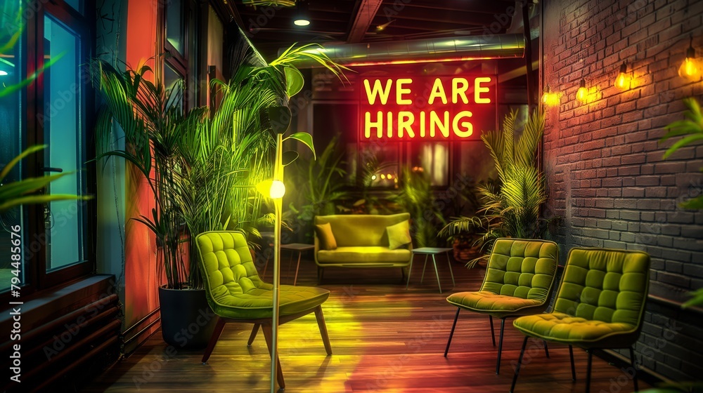 Dynamic Workforce Invitation: Vibrant 'We Are Hiring' Neon Sign Casting ...