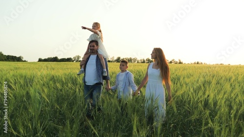 professional businessman farmer, happy father husband, grows grain farm with wife and children. Smile face child farmer, family happiness, spending time day owith daughter son, taking walks through