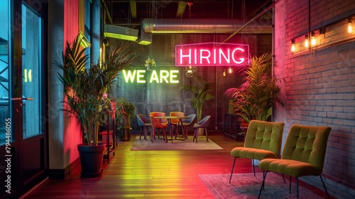 A Radiant Beacon of Opportunity: 'We Are Hiring' Neon Sign Glows with Promise, Inviting Ambitious Talents to a Warm, Prospective Career Path in a Vibrant Workplace