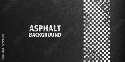 Asphalt road with white cracked lane marking, concrete highway surface, texture. Street traffic line, road dividing strip. Pattern with grainy structure, grunge stone background. Vector illustration