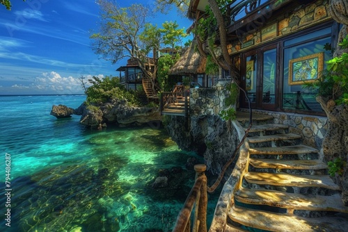 Charming Seaside Cottage with Amber Art Gallery and Ethereal Stairs Suspended Over Crystal Clear Waters © Sawera Bibi