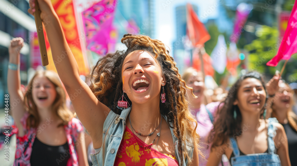 Happy activists protesting on the street with arms raised in the air, engaging in a collective action, displaying unity and solidarity but also smiling and laughing