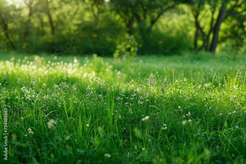 A lush green field with a few flowers scattered throughout