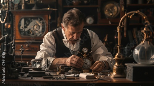 older man working as a watchmaker in his watch workshop in high resolution and high quality. work concept