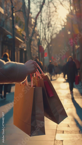 Young brunette woman with tanned slim legs in red patent leather shoes and a lot of brown paper bags her hands. Shopaholic woman in the city. The concept of shopping, sales and purchases of things.