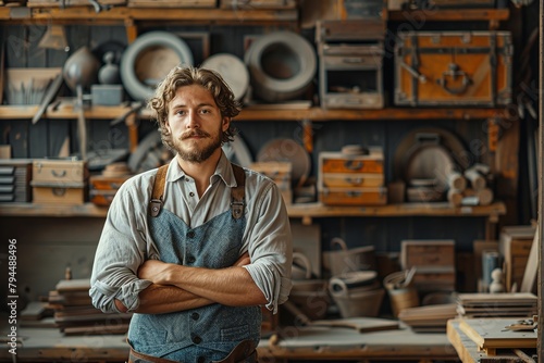 a man is standing in a workshop with his arms crossed