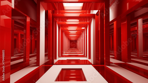 An image of an architectural symmetrical structure in the form of columns in red colours \ tones with receding perspective and ideal rhythms. Generative AI 