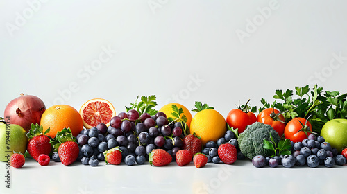 Wide collage of fresh fruits and vegetables for layout isolated on white background  Copy space