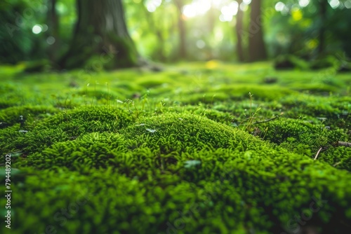 Enchanted Grove: A Lush Green Forest with Towering Trees and Delicate Moss Coverings. Moss Covered Ground