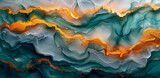 Abstract fluid art painting in the alcohol ink technique with aquamarine, mint green and gold colors.