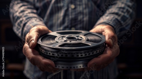 An artistic closeup of a directors hands holding a vintage film reel showcasing the mastery and technical skill required to create timeless classics in the entertainment industry. . photo
