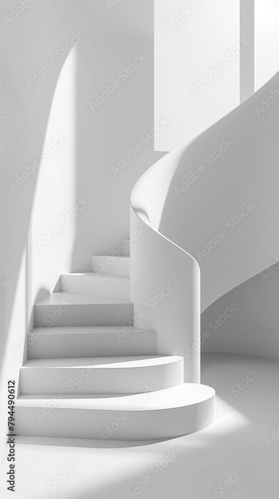 Modern minimalist white staircase design in a bright room. Modern minimalist white staircase design in a bright room.