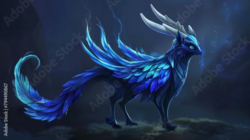 The Cerulean Sentinel is a majestic creature with a large, regal presence. Its form is a harmonious blend of a wise owl, a graceful dolphin, and an elegant deer. it has the tail of a dolphin.  photo