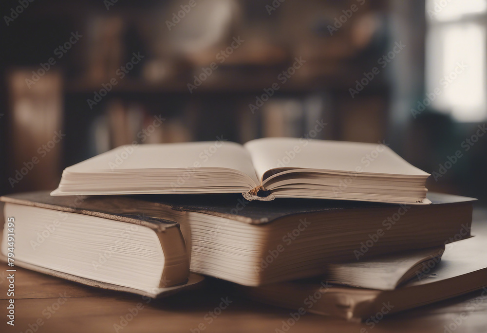 Blank mock up book on pile of books in hipster loft interior Blank mock up book on pile of books in hipster loft interior