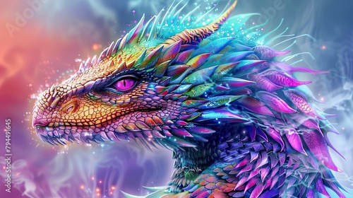 the head of a spikey dragon with rainbow colored feathers and purple eyes look as a colorful high fantasy digital art photo