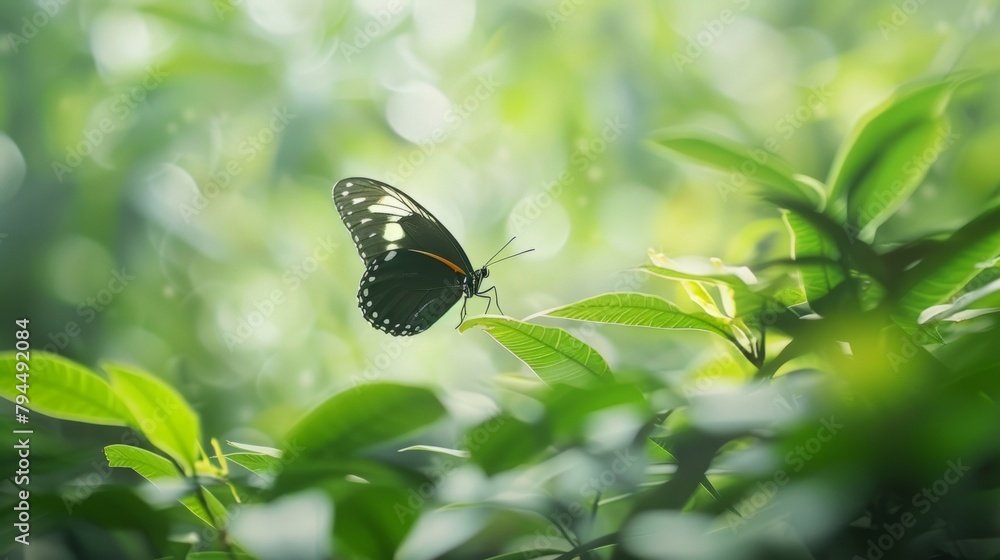 Defocused image of delicate butterfly wings a a blur of lush green foliage creating a dreamy and ethereal atmosphere. . Defocused image of delicate butterfly wings a a blur of lush green foliage creating a dreamy and ethereal atmosphere. .