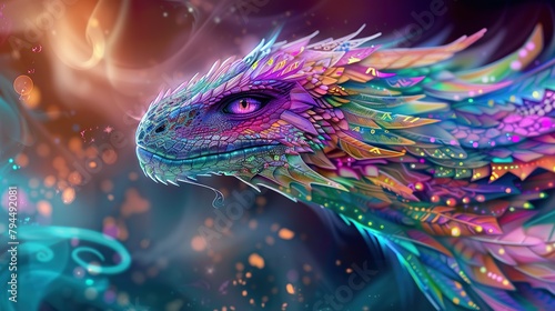 the head of a spikey dragon with rainbow colored feathers and purple eyes look as a colorful high fantasy digital art photo