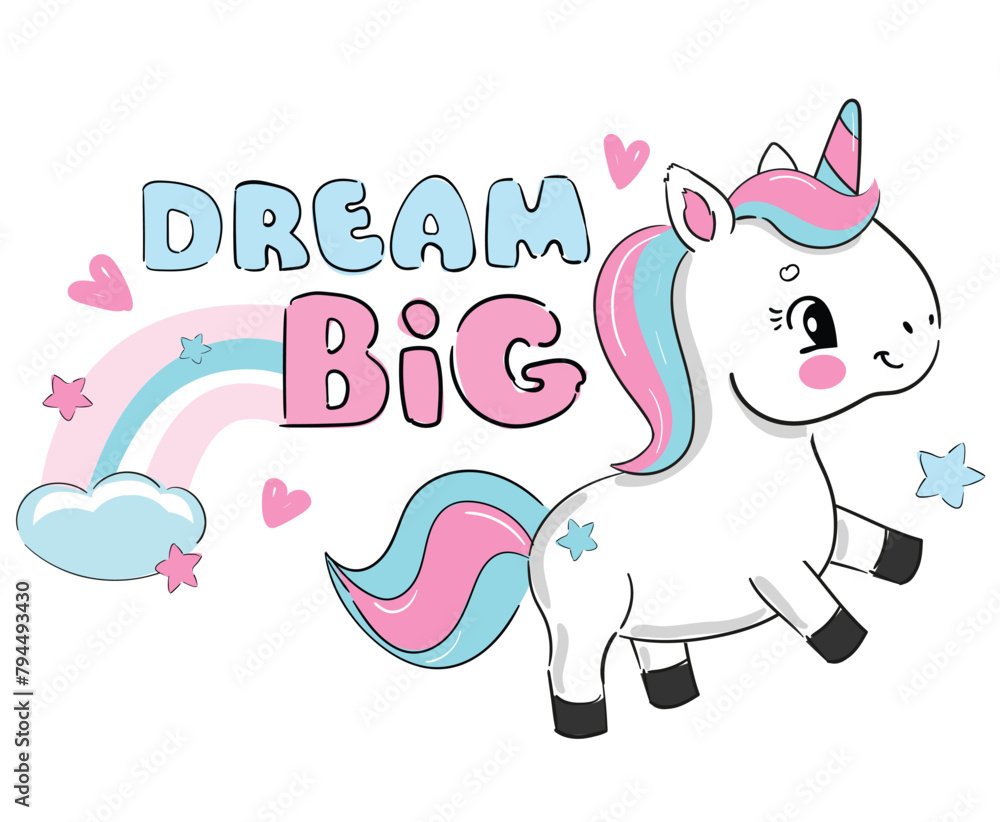 Hand Drawn cute unicorn and rainbow Dream Big sketch style kids print Vector Illustration