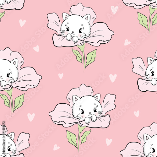 Hand Drawn Cute Cat and flowers seamless pattern vector illustration Kids print