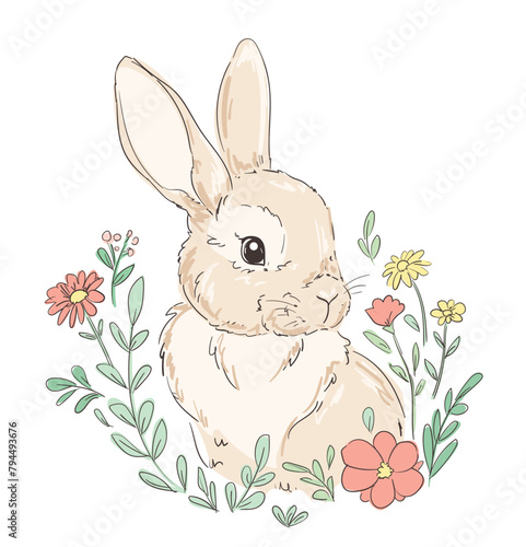 Hand Drawn Cute Bunny and wild flowers vector, design rabbit, kids print
