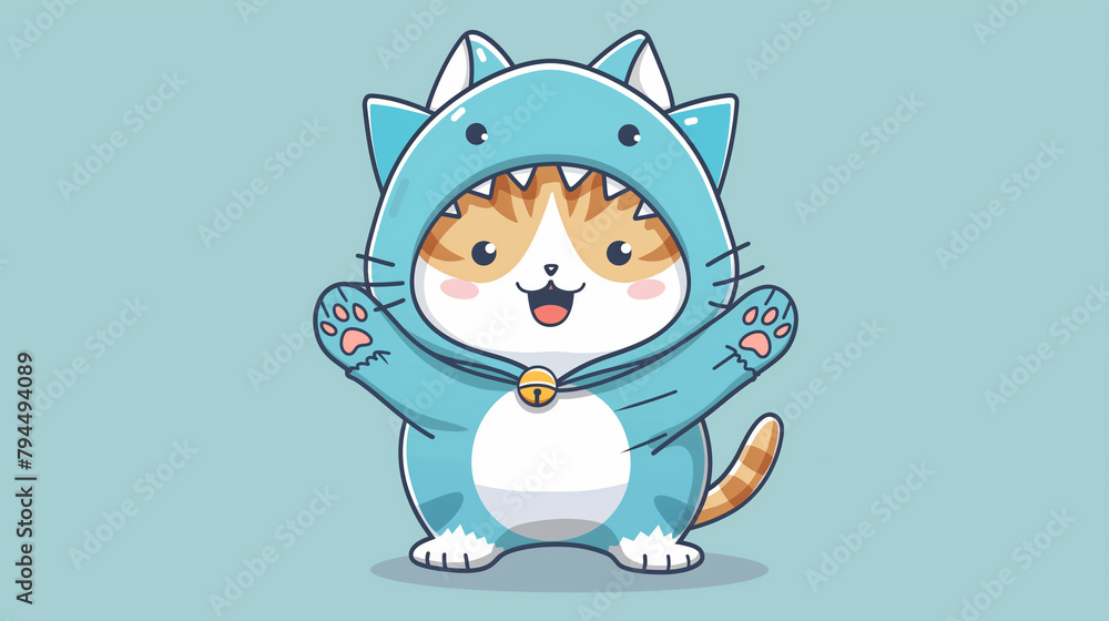 Cute cat wearing blue shark costume anime onesie Cute cat wearing blue shark costume anime onesie