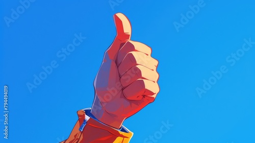 A vibrant cartoon cartoon rendering of a hand giving a thumbs up gesture stands out against a bright blue backdrop in this isolated image The illustration captures the classic symbol of appr photo