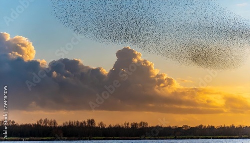 starling murmurations a large flock of starlings sturnus vulgaris fly at sunset just before entering the roosting site in the netherlands hundreds of thousands starlings make big clouds to protect photo