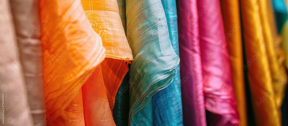 Colorful silk fabrics hanging on a stand