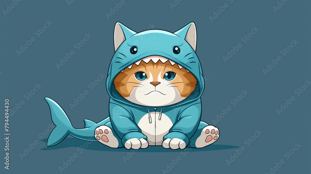 Fototapeta premium Cute cat wearing blue shark costume anime onesie