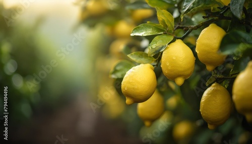 lemon tree with ripe fresh yellow lemons and dew drops on blurred citrus fruit farm agriculture background closeup design copy space for text non gmo and organic products concept photo